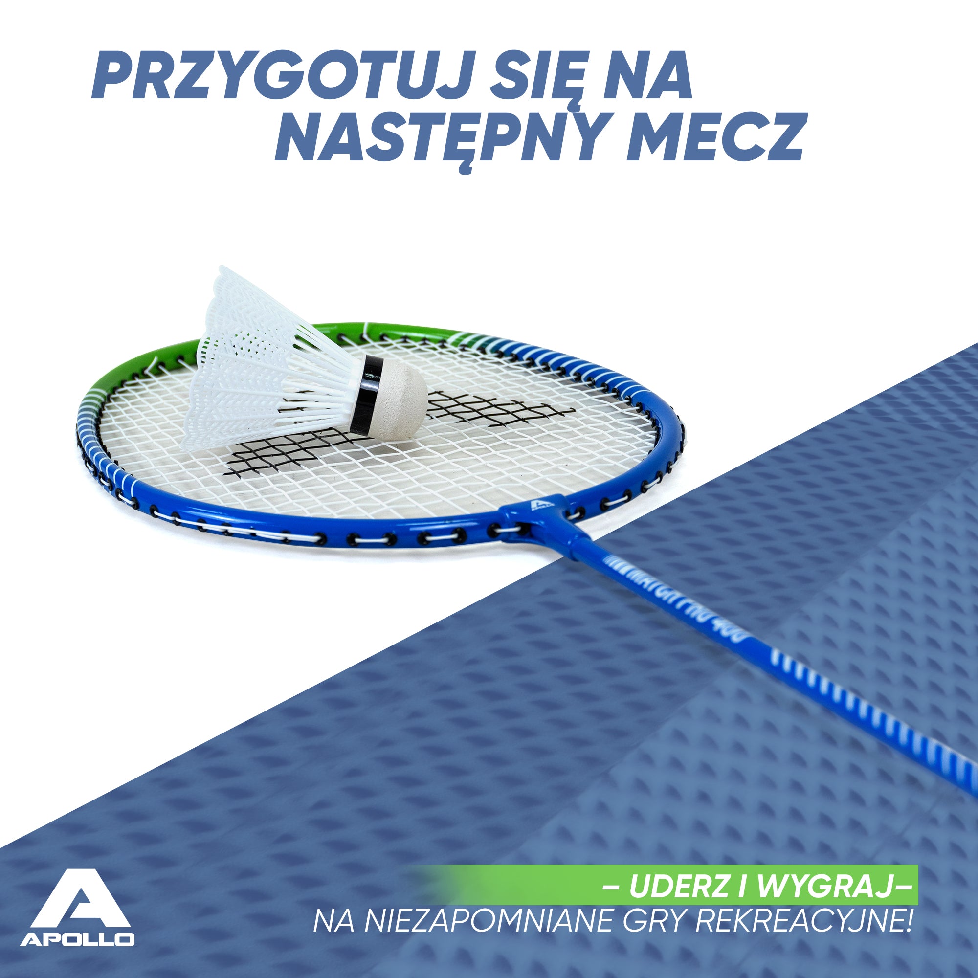 Apollo Funsport PL - Badminton Set Match Pro 400 - Rakieta do badmintona dla dzieci i dorosłych - Niebieski Zielony