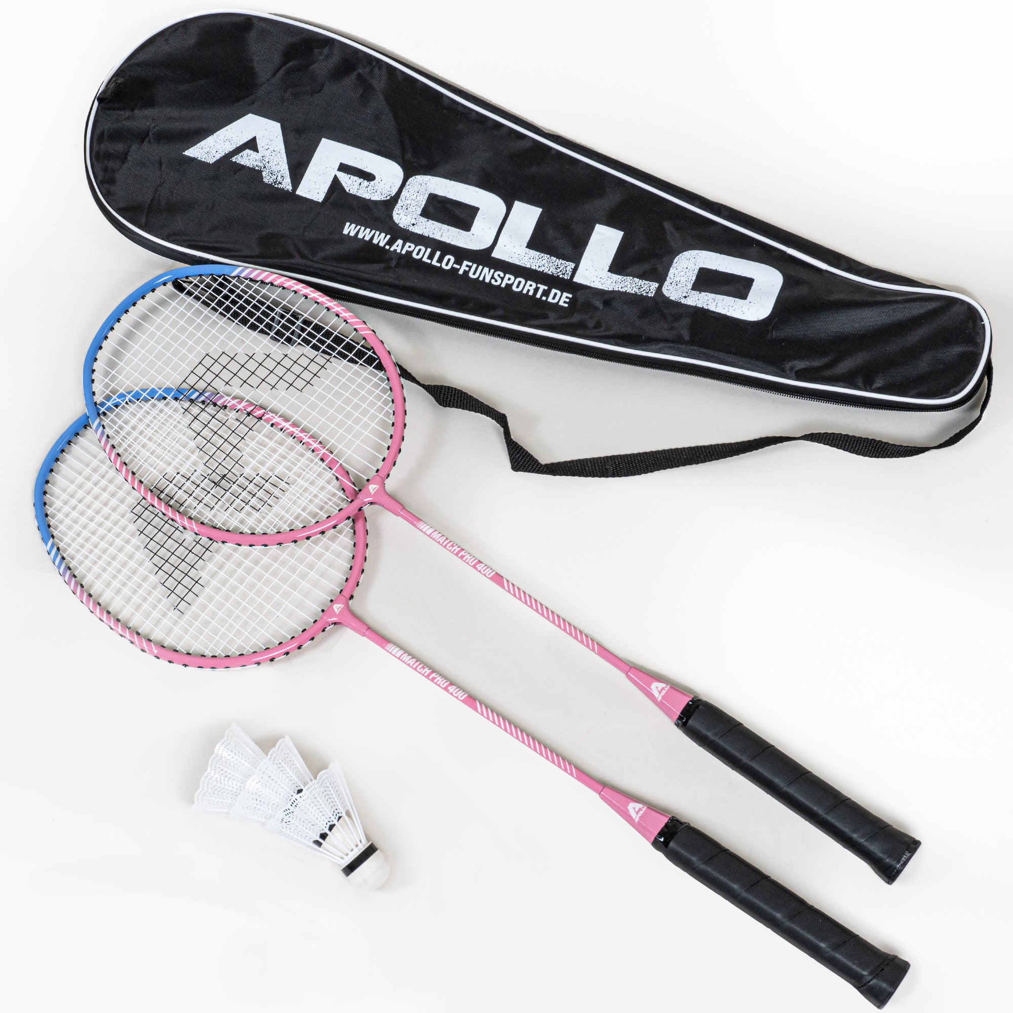 Apollo Funsport PL - Badminton Set Match Pro 400 - Rakieta do badmintona dla dzieci i dorosłych - Niebieski Różowy