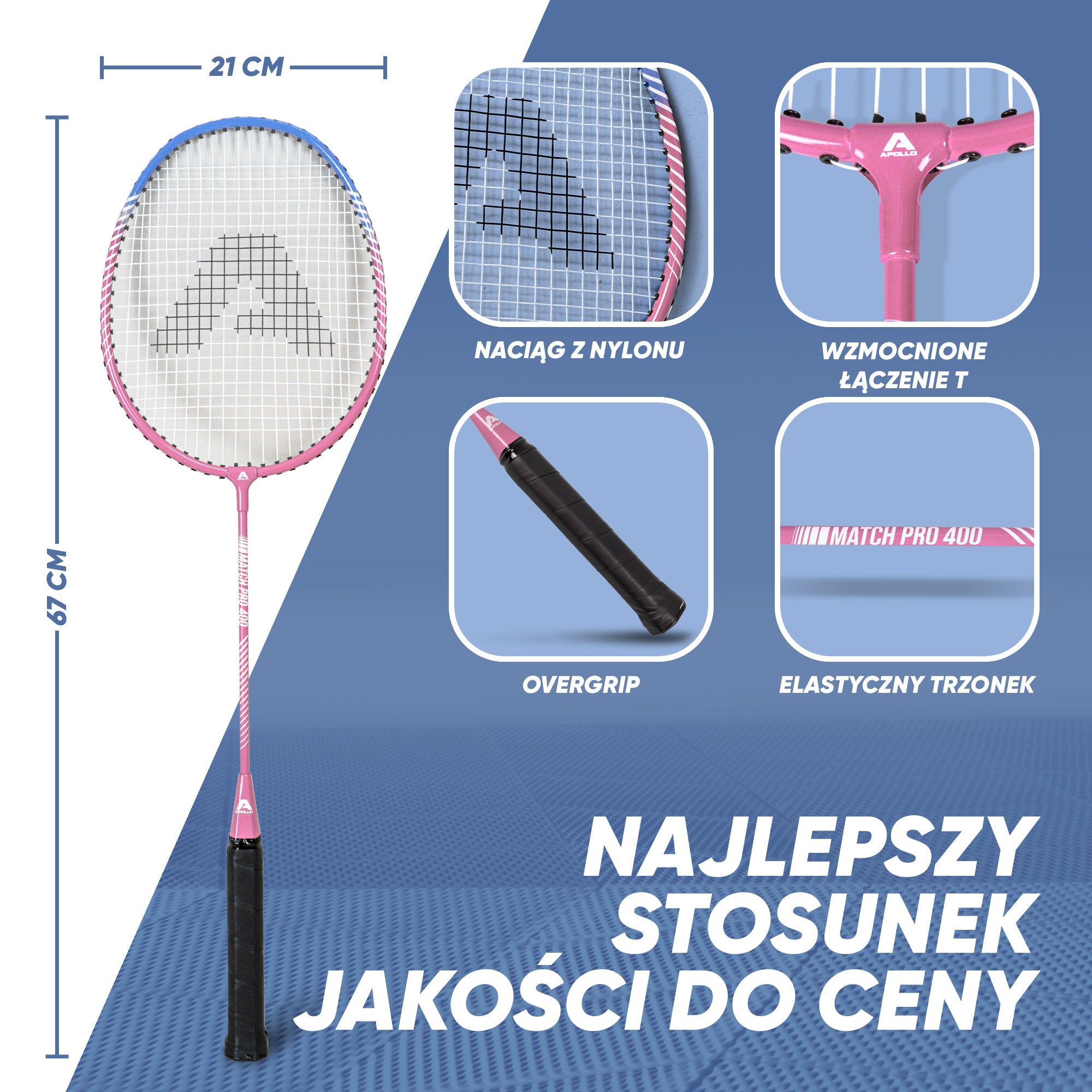 Apollo Funsport PL - Badminton Set Match Pro 400 - Rakieta do badmintona dla dzieci i dorosłych - Niebieski Różowy