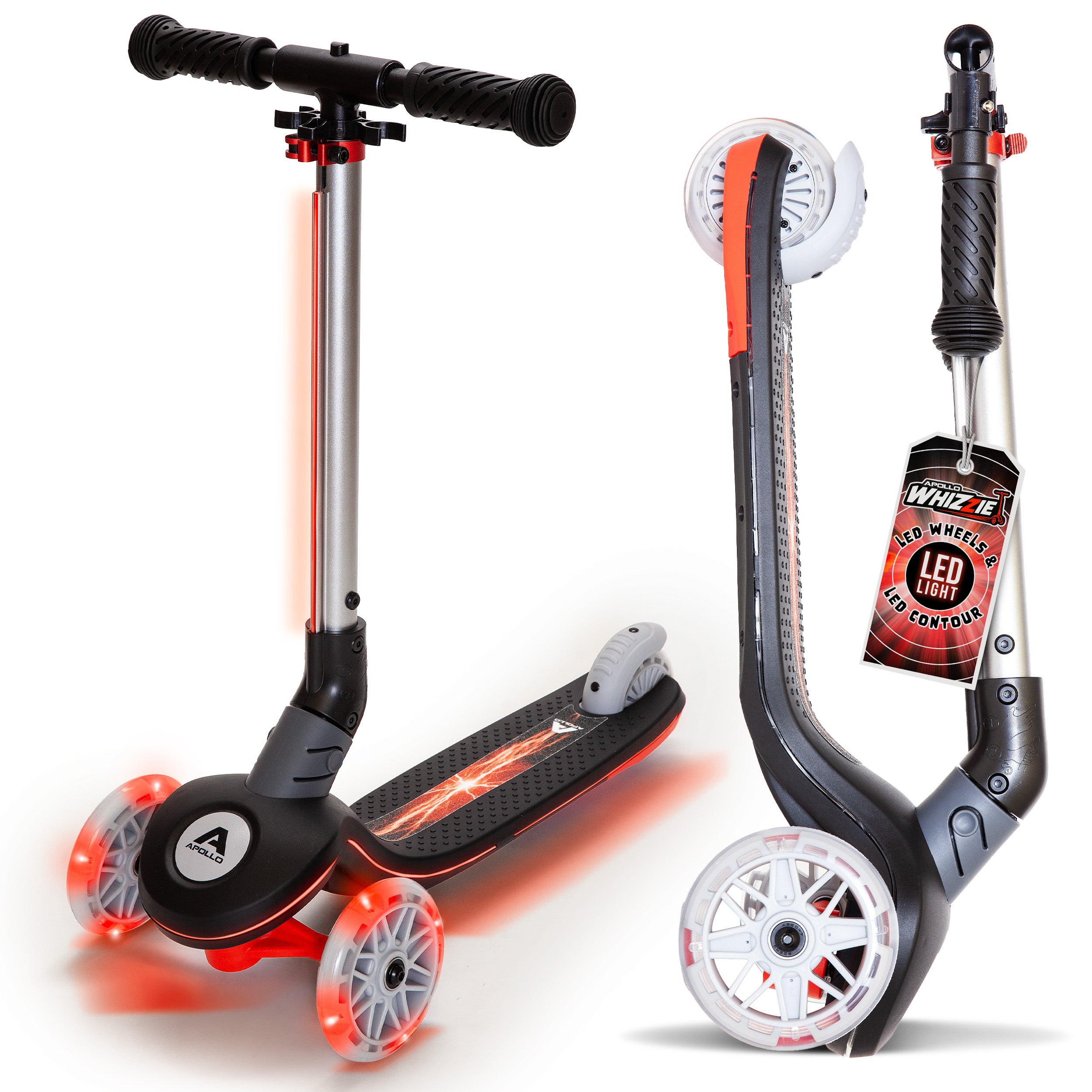 Apollo Funsport PL - Hulajnoga dziecięca Apollo Whizzie LED, składana hulajnoga dziecięca, trójkołowy skuter z regulacją wysokości dla dzieci w wieku od 3 lat, efekt LED w kołach, kierownicy i platformie - Czarny Błysk