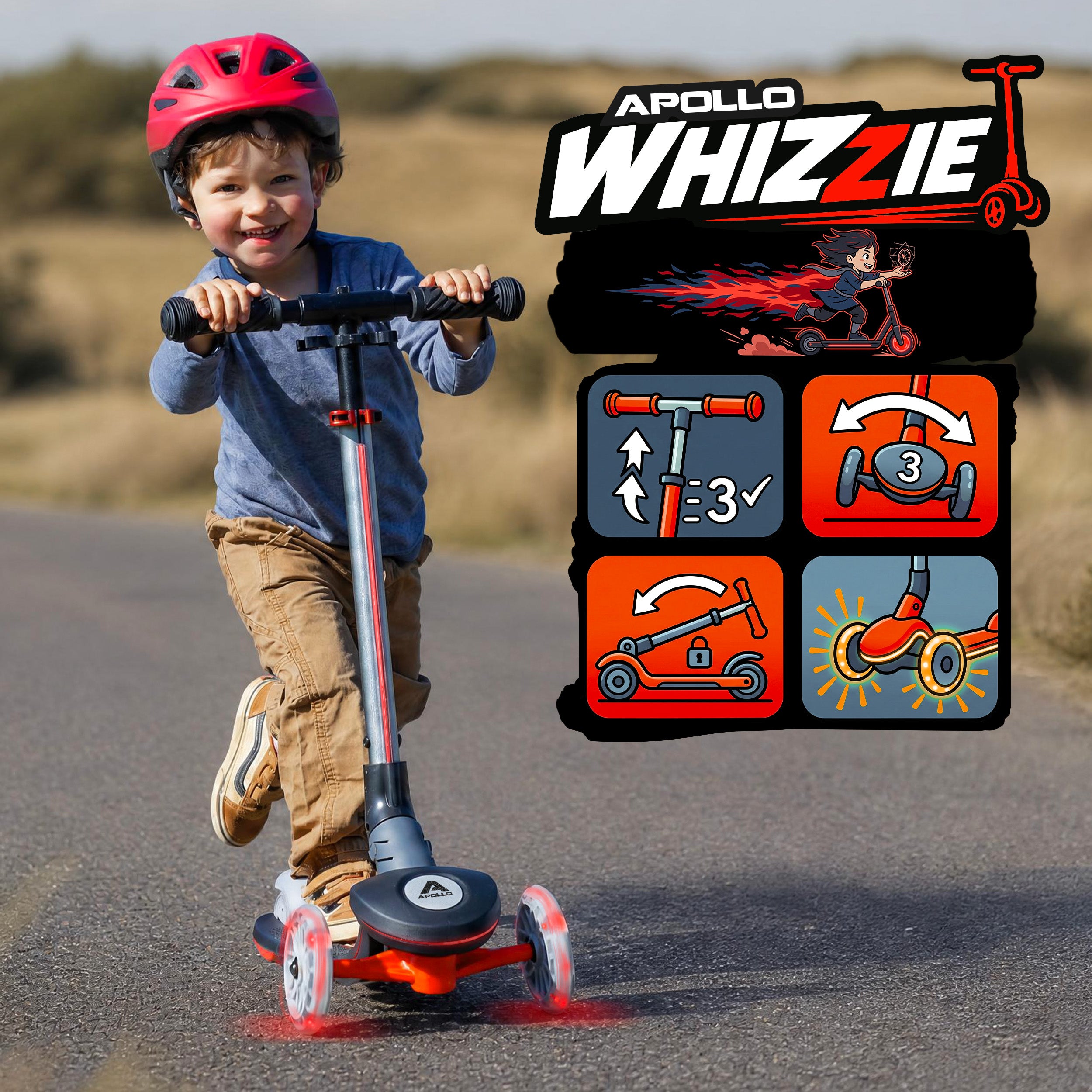 Apollo Funsport PL - Hulajnoga dziecięca Apollo Whizzie LED, składana hulajnoga dziecięca, trójkołowy skuter z regulacją wysokości dla dzieci w wieku od 3 lat, efekt LED w kołach, kierownicy i platformie - Czarny Błysk