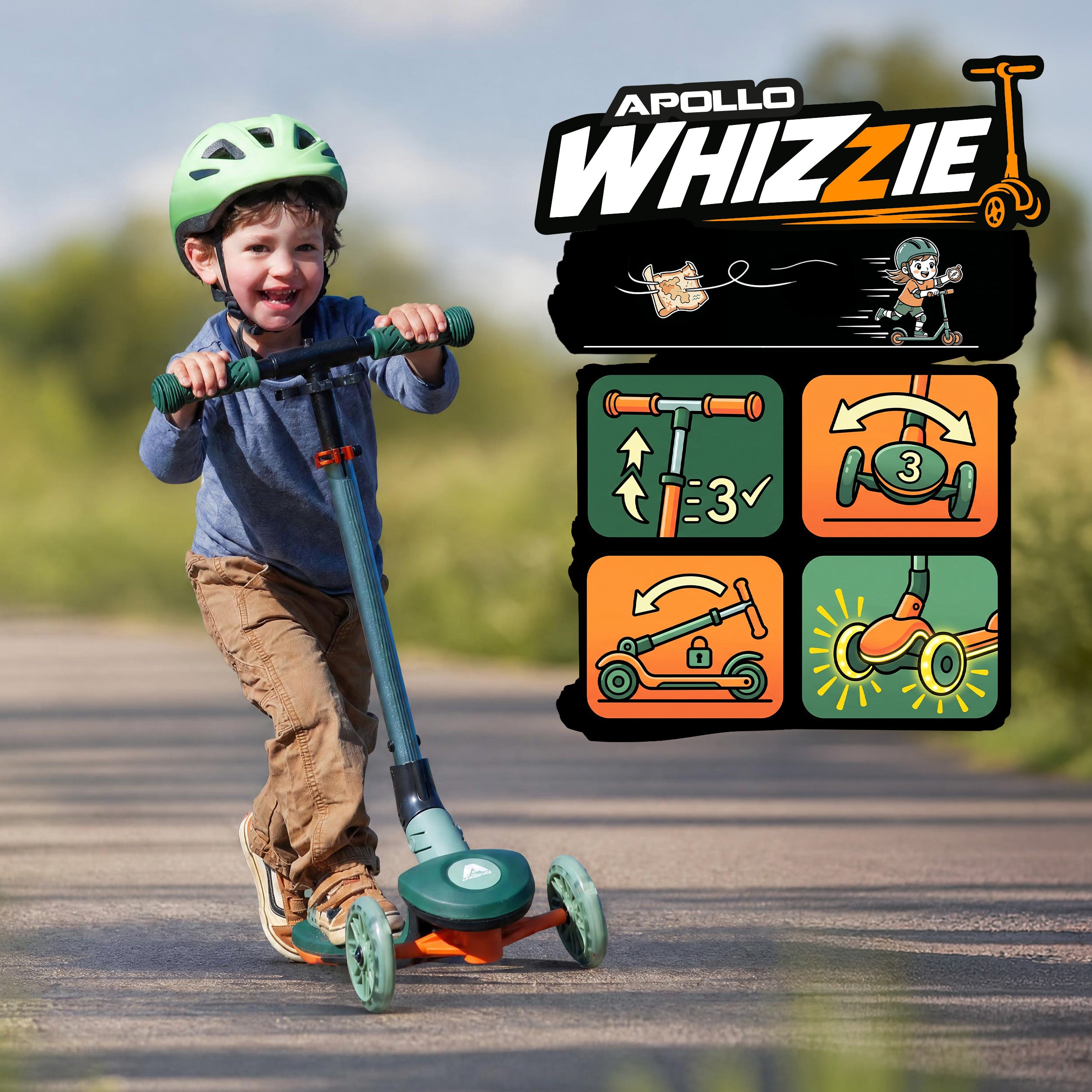 Apollo Funsport PL - Hulajnoga dziecięca Apollo Whizzie LED, składana hulajnoga dziecięca, trójkołowy skuter z regulacją wysokości dla dzieci w wieku od 3 lat, efekt LED w kołach, kierownicy i platformie - Kroko