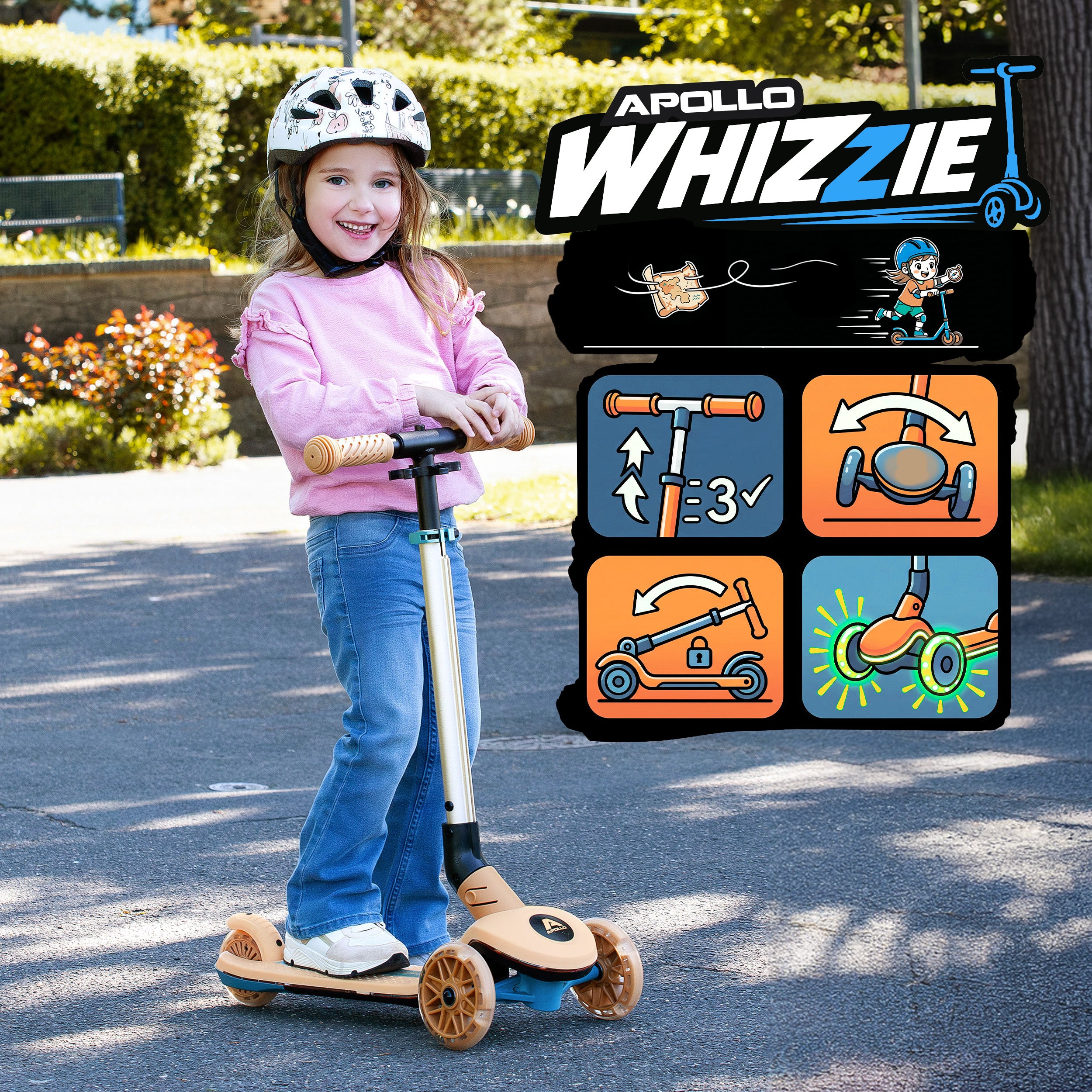 Apollo Funsport PL - Hulajnoga dziecięca Apollo Whizzie LED, składana hulajnoga dziecięca, trójkołowy skuter z regulacją wysokości dla dzieci w wieku od 3 lat, efekt LED w kołach, kierownicy i platformie - Żyrafa
