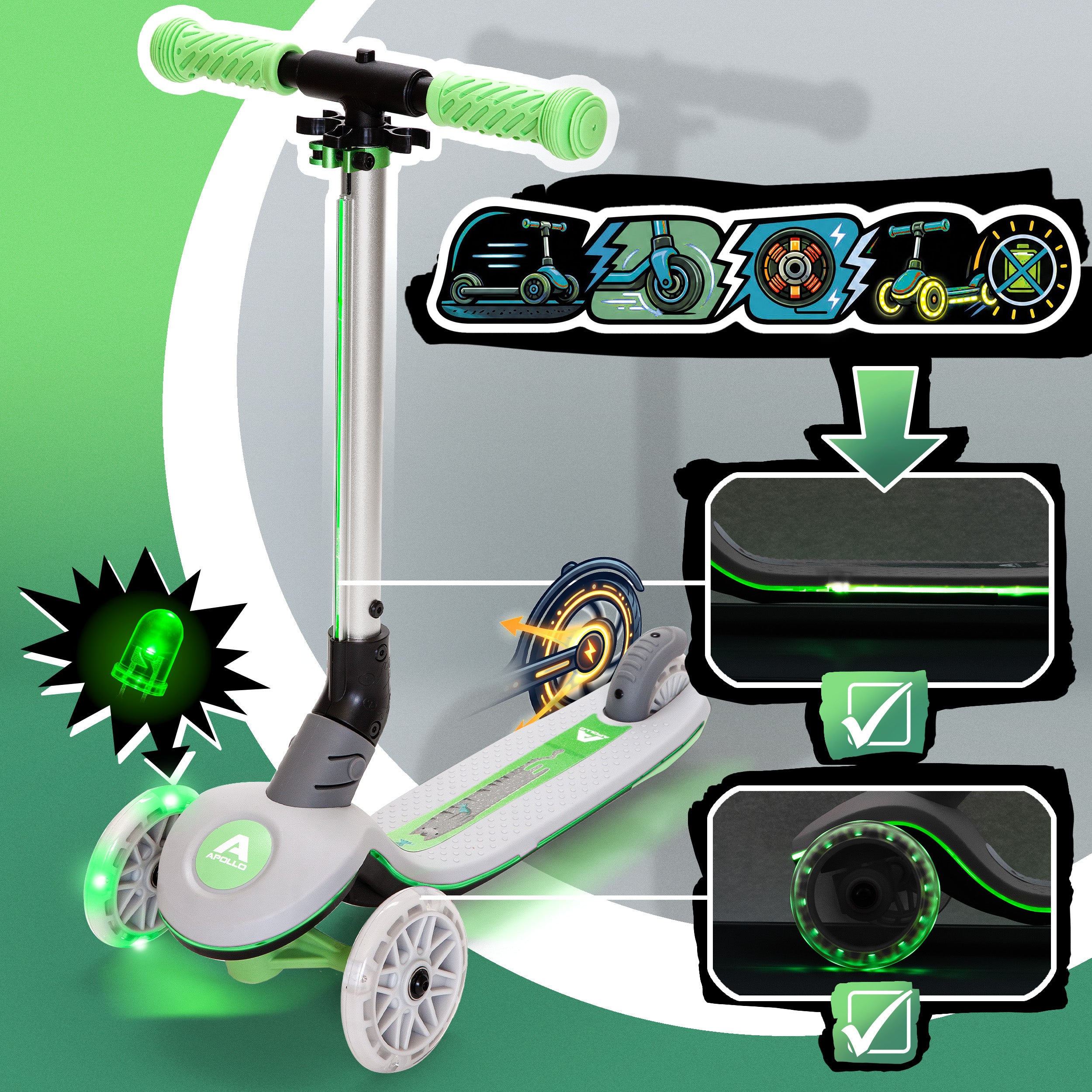 Apollo Funsport PL - Hulajnoga dziecięca Apollo Whizzie LED, składana hulajnoga dziecięca, trójkołowy skuter z regulacją wysokości dla dzieci w wieku od 3 lat, efekt LED w kołach, kierownicy i platformie - Kot