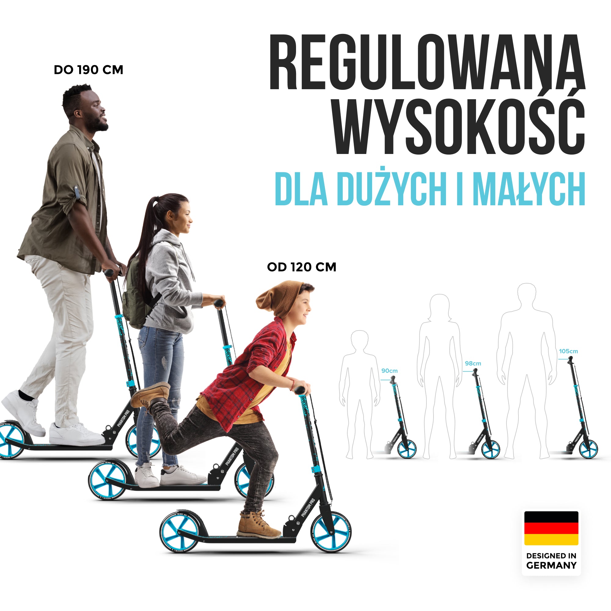 Apollo - Składana hulajnoga miejska dla dzieci „Phantom" – regulowana wysokość kierownicy - Niebieski