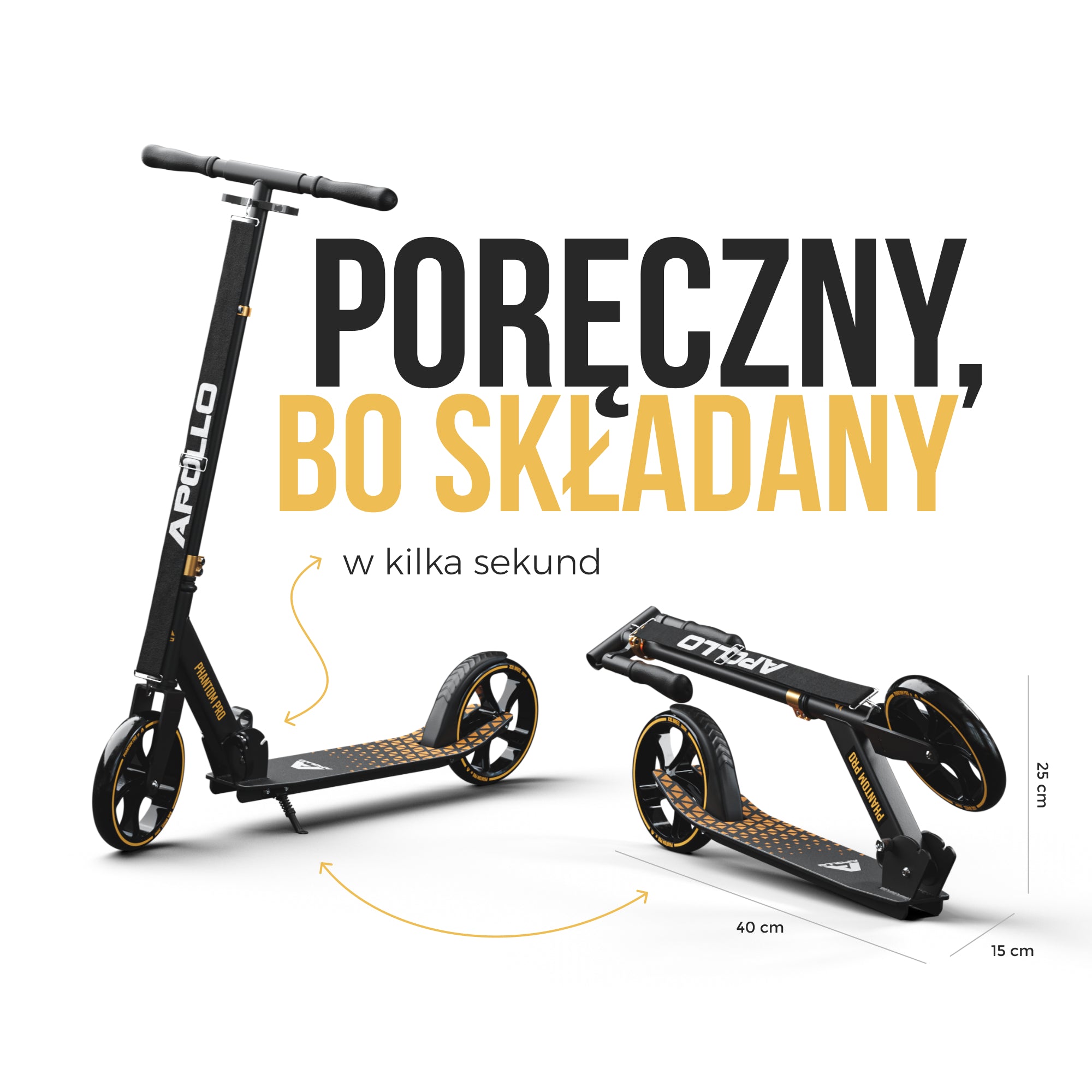 Apollo - Składana hulajnoga miejska dla dzieci „Phantom" – regulowana wysokość kierownicy - Złoty