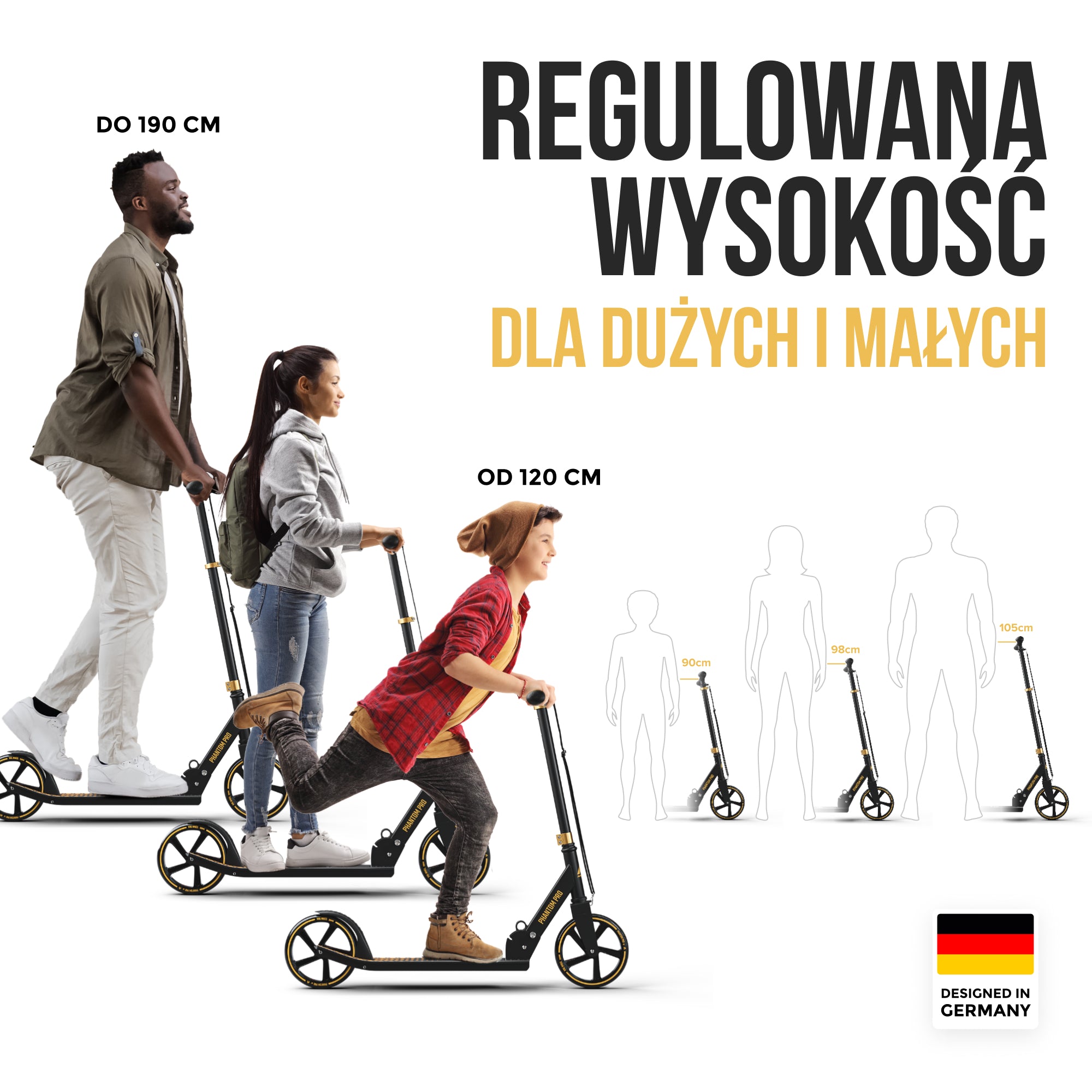 Apollo - Składana hulajnoga miejska dla dzieci „Phantom" – regulowana wysokość kierownicy - Złoty