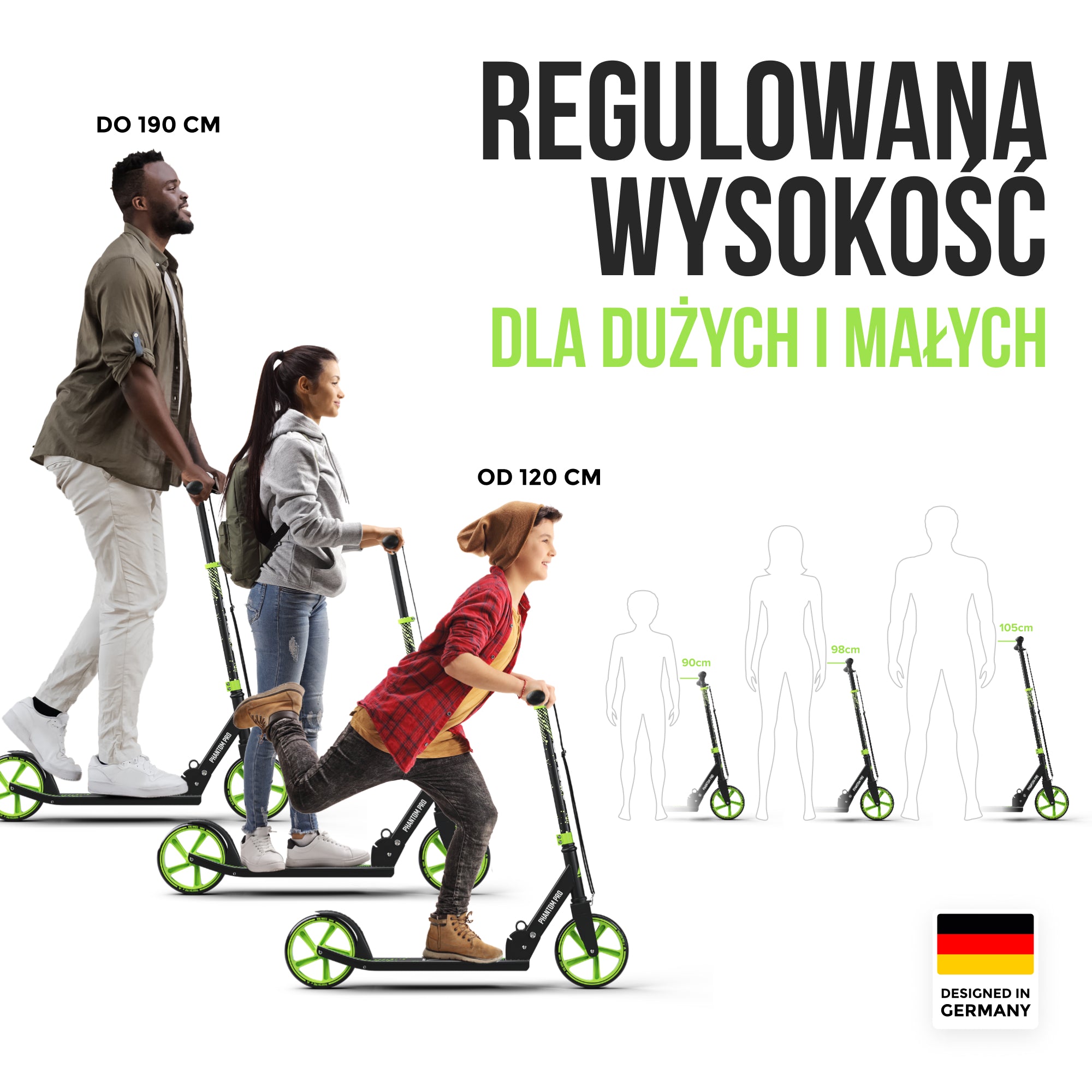 Apollo - Składana hulajnoga miejska dla dzieci „Phantom" – regulowana wysokość kierownicy - Zielony