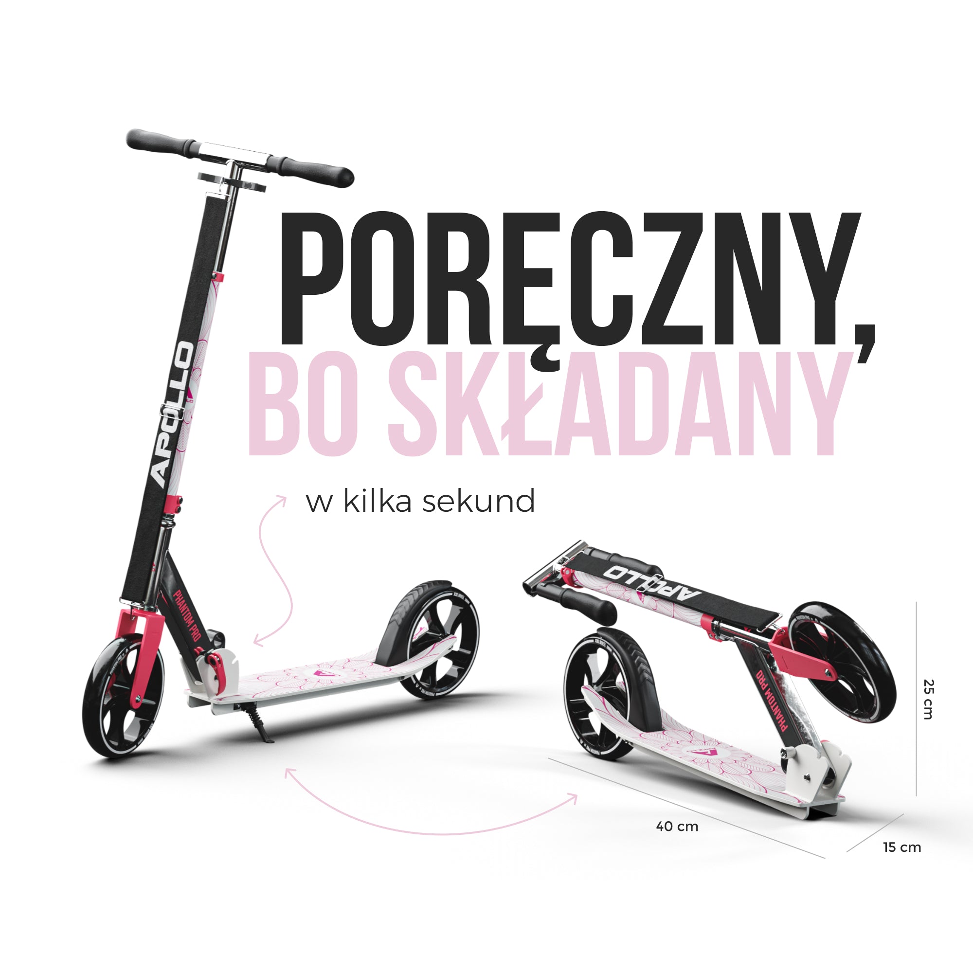 Apollo - Składana hulajnoga miejska dla dzieci „Phantom" – regulowana wysokość kierownicy - Różowy