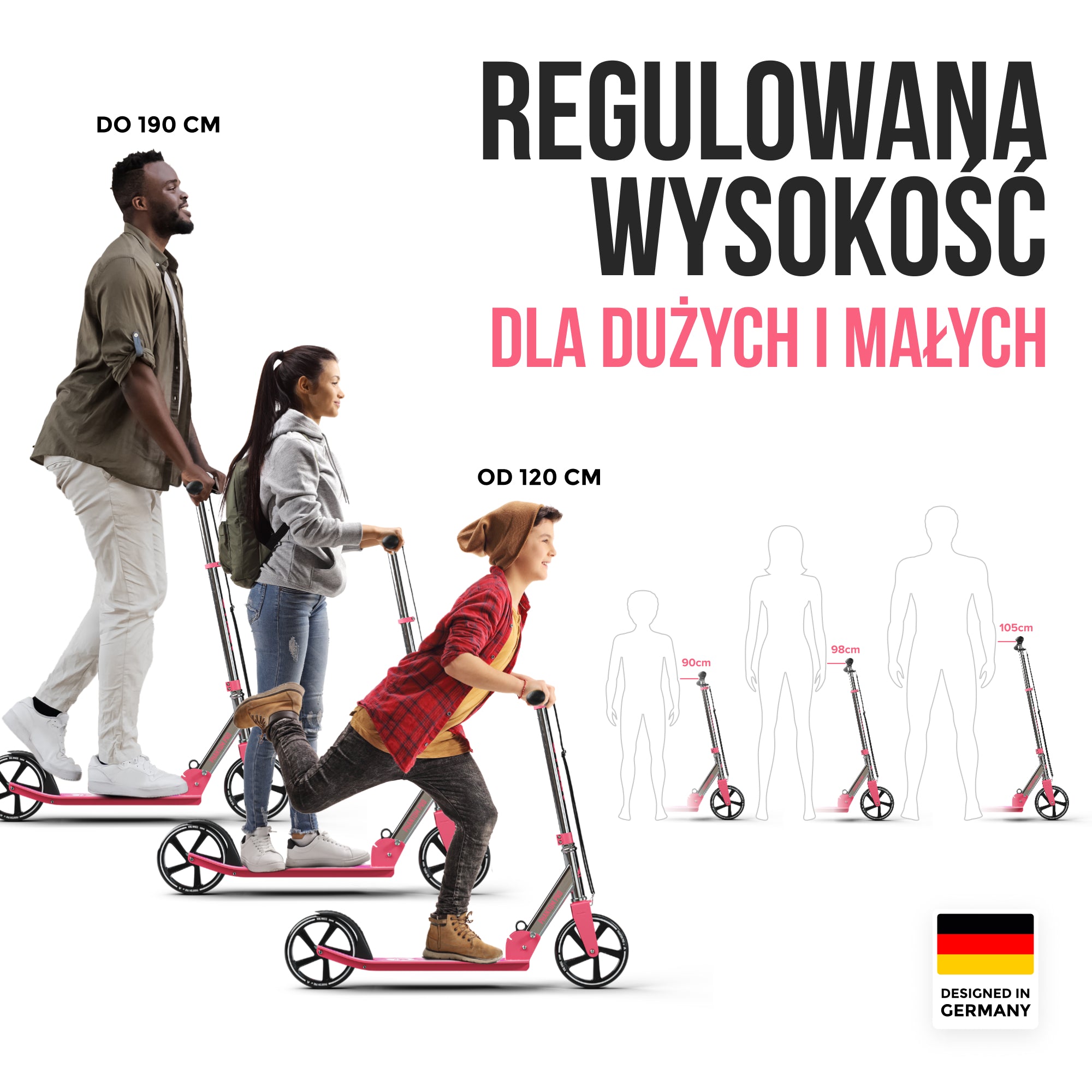 Apollo - Składana hulajnoga miejska dla dzieci „Phantom" – regulowana wysokość kierownicy - Różowy Srebrny