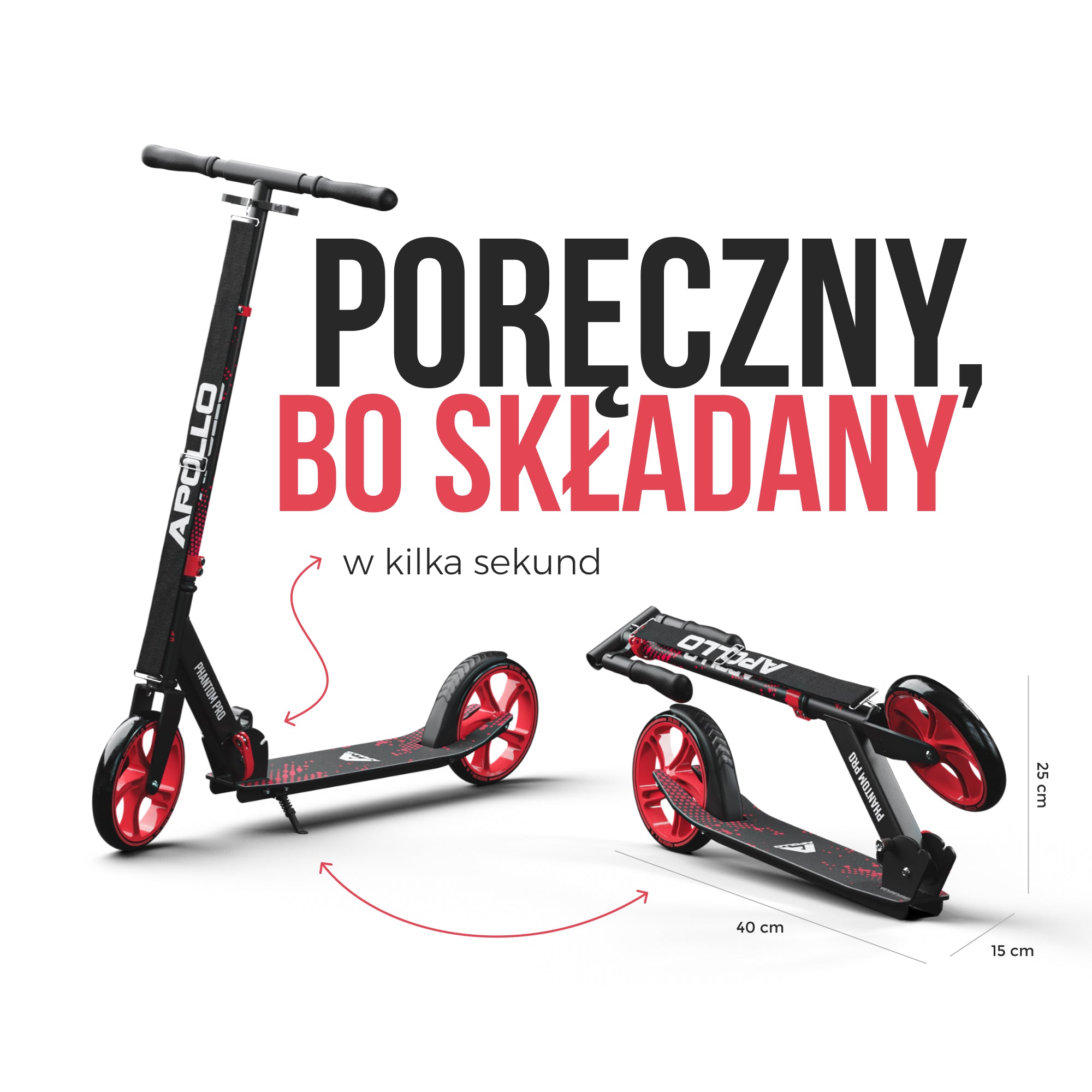 Apollo - Składana hulajnoga miejska dla dzieci „Phantom" – regulowana wysokość kierownicy - Czerwony