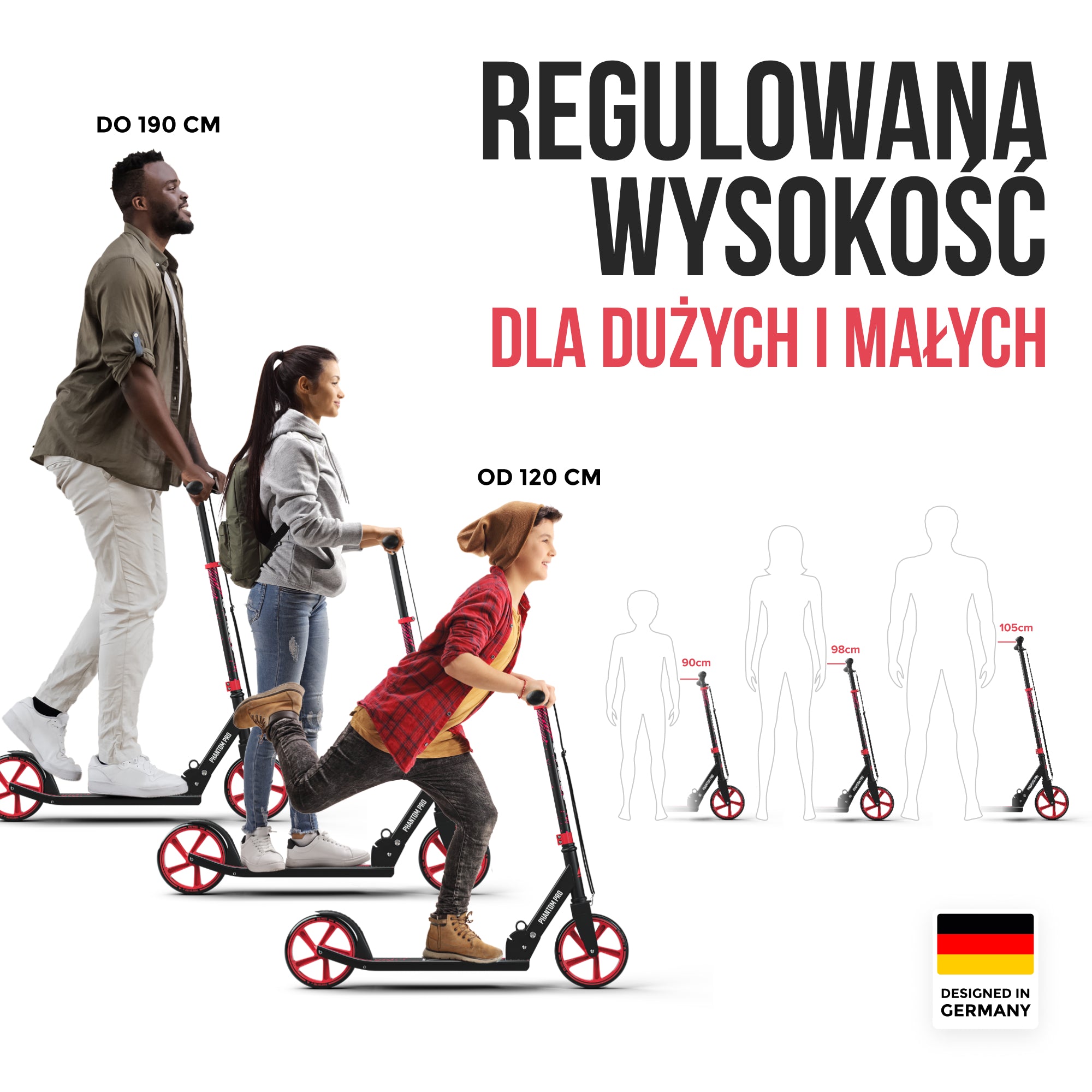 Apollo - Składana hulajnoga miejska dla dzieci „Phantom" – regulowana wysokość kierownicy - Czerwony