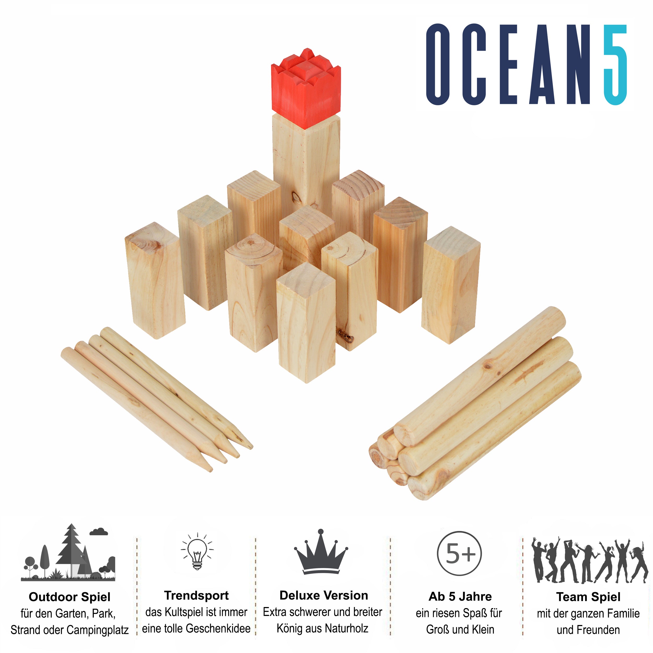 Ocean5 - Kubb - oryginalna gra wikingów w rzucanie - drewniana gra w kręgle szachowe od Ocean5 - Kubb - Deluxe - 30 x 7 cm (H B)